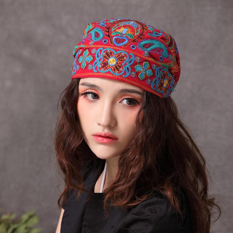 

Women Mexican Style Ethnic Vintage Embroidery Flowers Bandanas Red Print Hat winter hats for women, Black