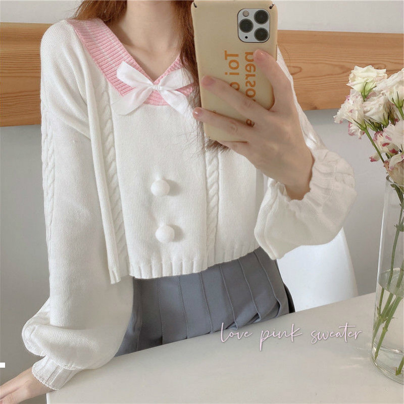 

New style 2021 fashions women's candy v-neck with vintage sweater bow long jumper y500 mesh T51N, Mibai