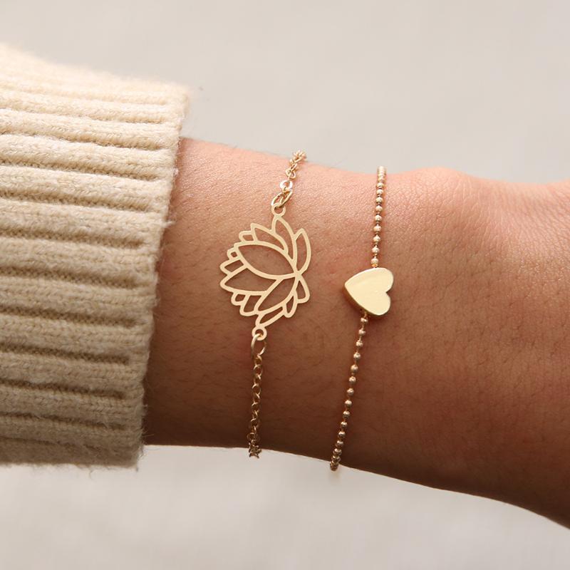 

2pc/set Rinhoo 2021 Simple Female Personality Hollow Lotus Gold Bracelets Christmas Bangle Gift for Women Classic Trendy Jewelry, Golden;silver