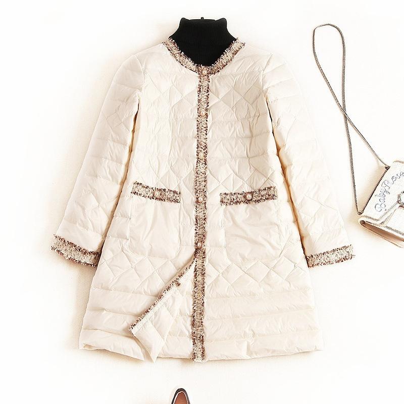 

Light And Thin Long Down Jacket Women 2020 Winter Fashion Tweed Color Contrast Single Breasted Warm Plus Size Coat Parka, Beige