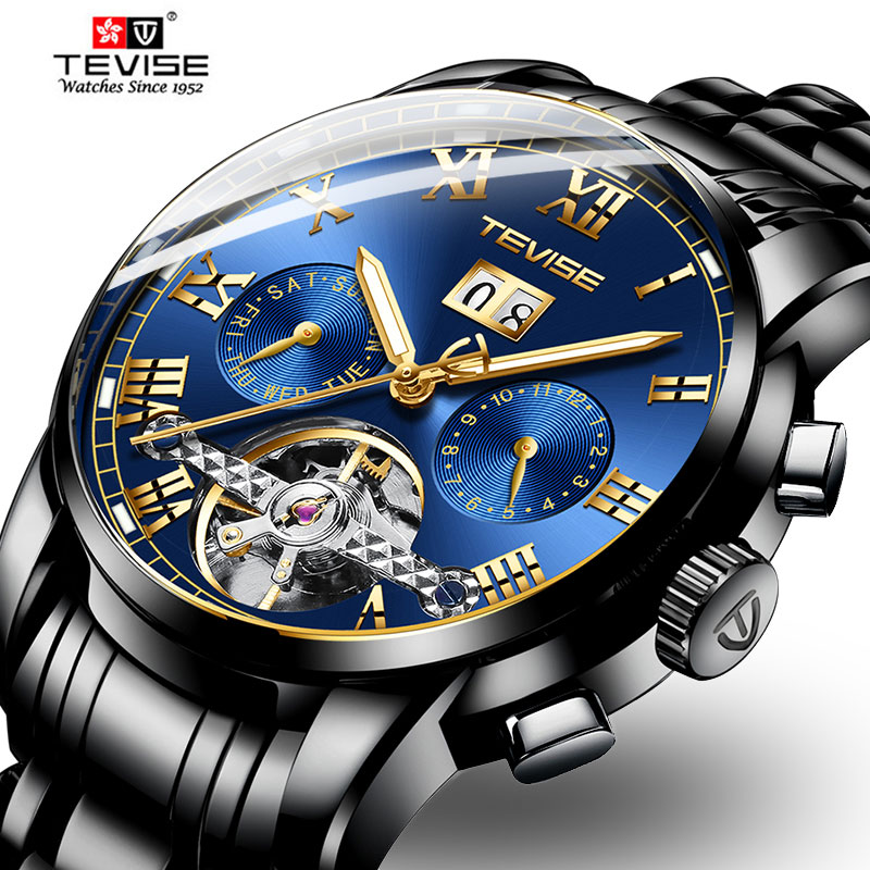 

TEVISE Mens Automatic Watches Luxury Men Stainless steel Tourbillon Moon phase Calendar Mechanical Wristwatch Relogio Masculino, Silver blue