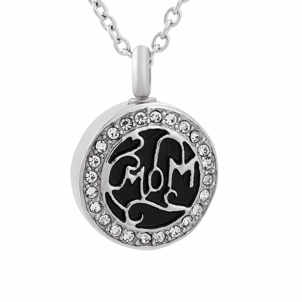 

LKJ9834 Free Filling Kit & Instructions, Mom Steel and Black Memorial Ash Container Round Cremation Necklace