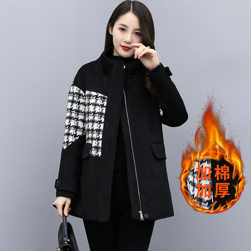 

2021 Autumn and Winter New Women' Black Medium Length Bushstooth Couture Short Wool Coat 603N, Black cotton