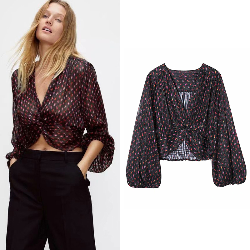 

2021 New Women Spring Autumn Cross Decoration Top V-neck Pullover Lady Fashion Sexy Short Tops Long Sleeves Outerwear Snj1