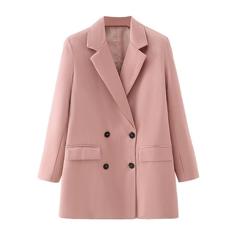 

2021 Stylish Pink-colored Woman Engraved Collar Blazers Fashion Double Ladies Breasted Cardigans Streetwear Chic Woman' Pocket Jackets 56JM