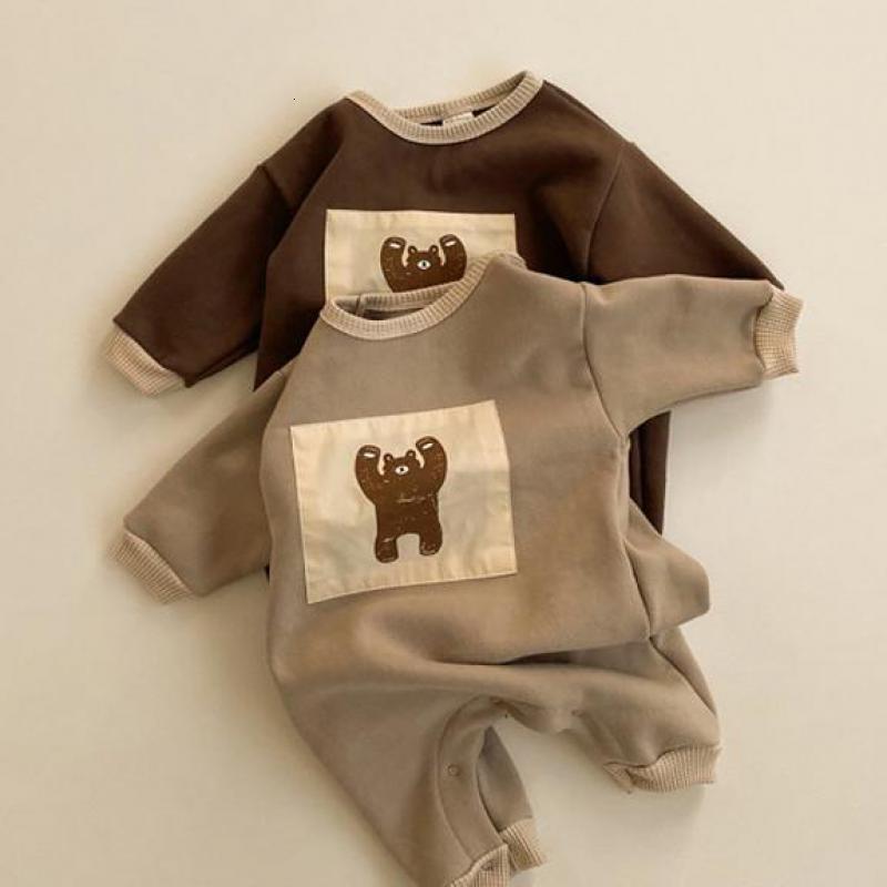 

2021 Spring New Sweatshirt Girls Boys Cartoon Bear Print Thicken Warm Jumpsuit Vintage Baby Romper Long Sleeve Bial, Bs120403beige aprico