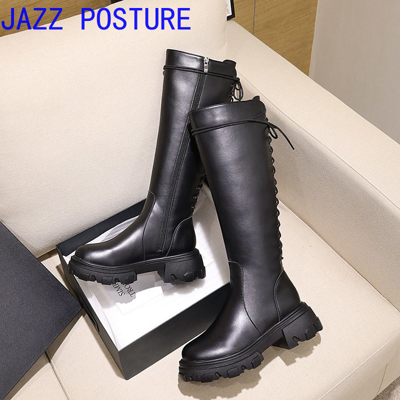 

2020 Women's Boots Faux Leather Rear Cross Belt Boots Autumn and Winter Knee High Platform Women's Botas Mujer q608, Black