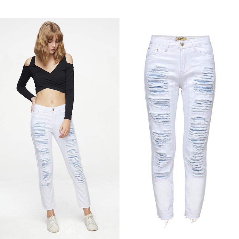 

2020 Female Hit New Wind Wear Loose Straight Leg Torn Punk Amendment White Color Jeans 89ne