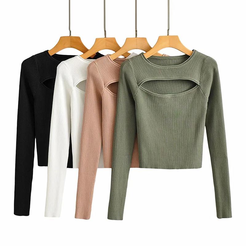 

Women New Fashion Simplicity Sexy Chest Hollowing Out Sweater Female Solid Color Round Neck Long Sleeve Pullover Chic Top, Black