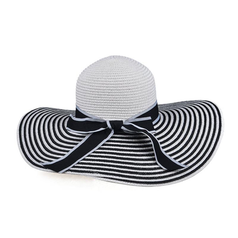 

Wide Brim Hats Ladies Superb Summer Sun Beach Floppy Straw Women Black White Stripes Large Hat Solid Casual UV Cap, Blue with white