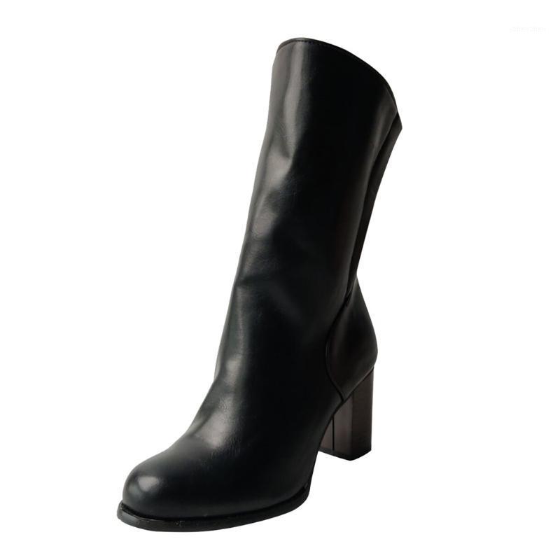 

Leather High Heel Boots Sexy Fashion Ladies Pure Color Shoes Platform Round Toe Zipper Boots Square Heels Vintage Women1, Black