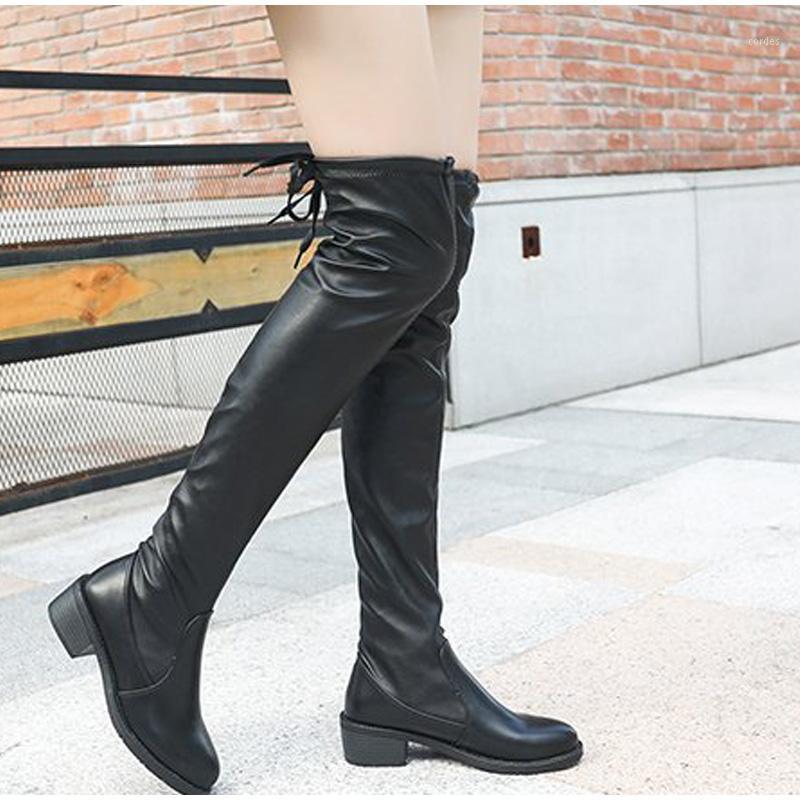 

Women Boots Pu Leather Over The Knee Boots Ladies Autumn Winter Lace Up 2020 Female Footwear Fashion Block Heels Woman Shoes New1