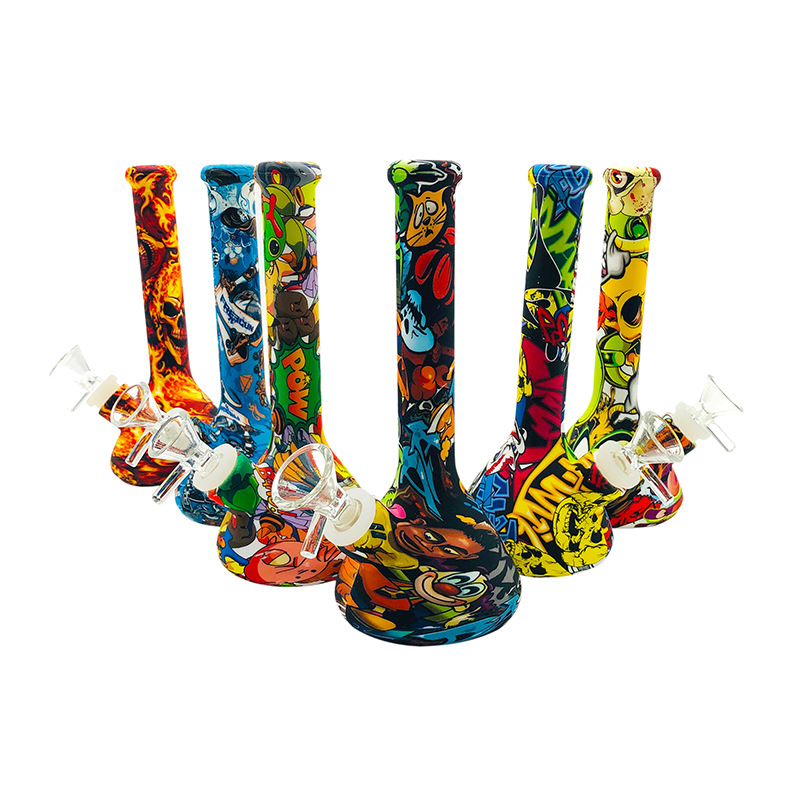 

QBsomk 7.5'' height Printing Silicone Bong water Pipe silicone bongs pipe Camouflage colorful Beaker Design Silicone water smoking pipes