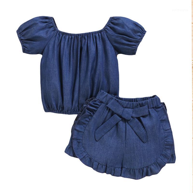 

1-5Years Kid Girls Clothing Set Denim Clothes Set Solid Puff Sleev Tops Shirt Shorts 2Pcs Outfits1, As pic