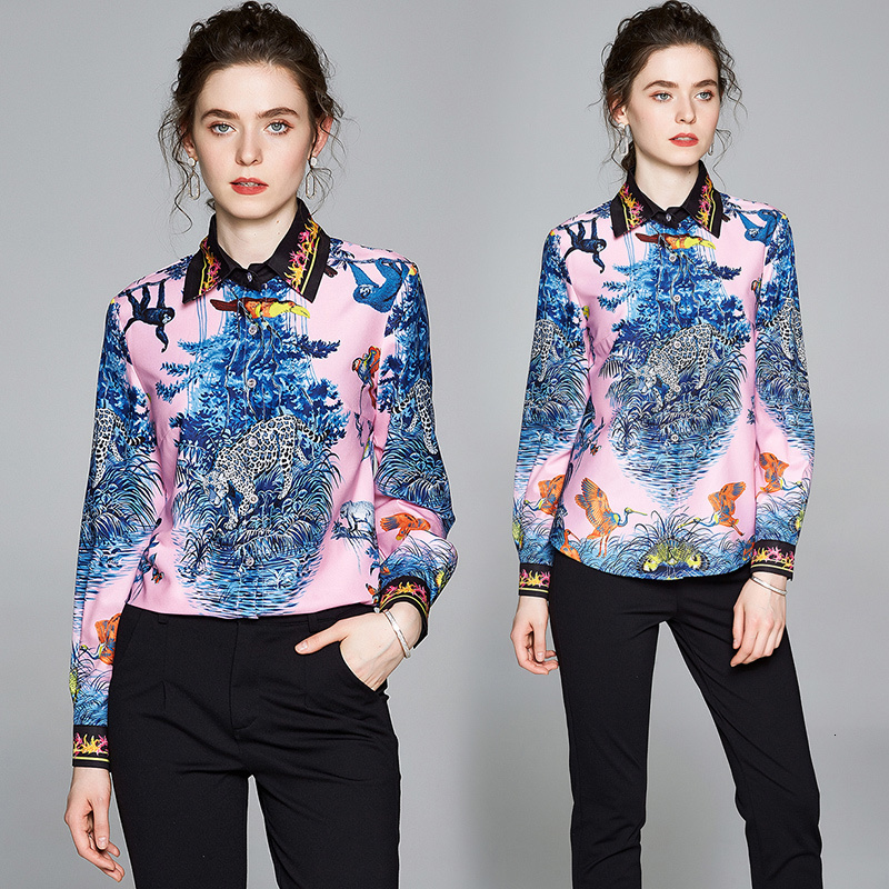 

2021 New Merchall Autumn Runway Blouse Women Long Sleeve Animals Vintage Print Shirts Female Work Wear Elegant Tops S9zs, Design and color