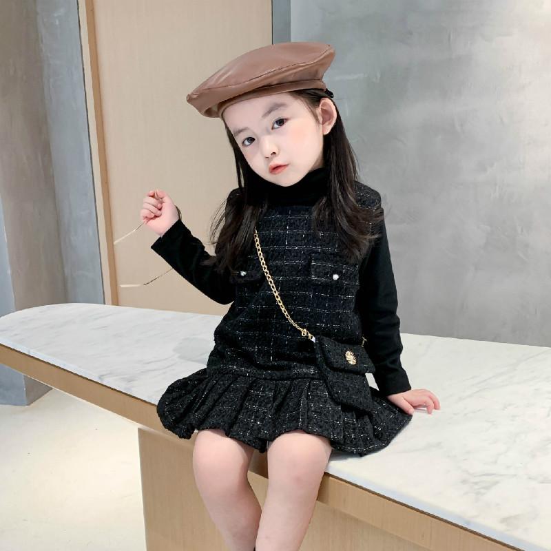 

2020 autumn new arrival girls princess tweed dress kids vest dress with bag, Black