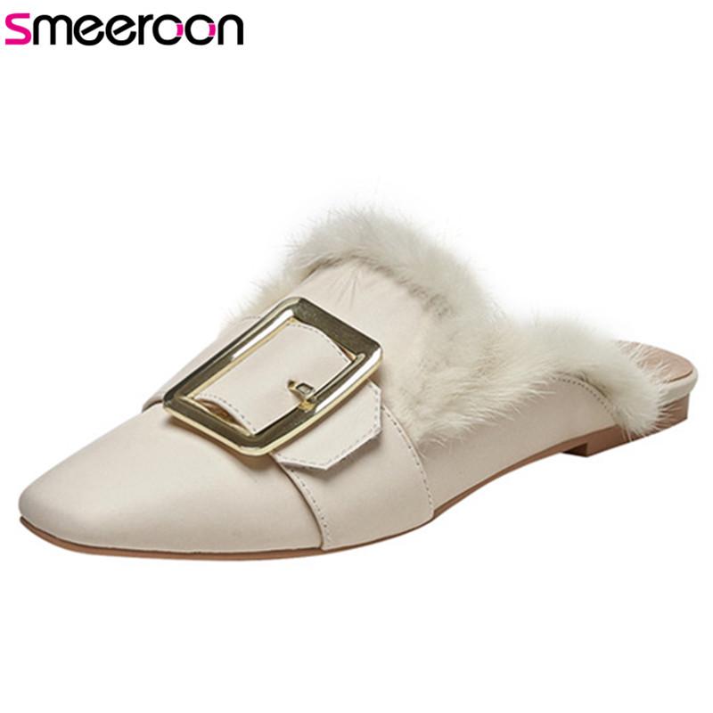 

2021 Top Quality Genuine Leather Shoes Women Slipper Square Toe Metal Decoration Autumn Winter Flat Shoes Women Slipper, Black