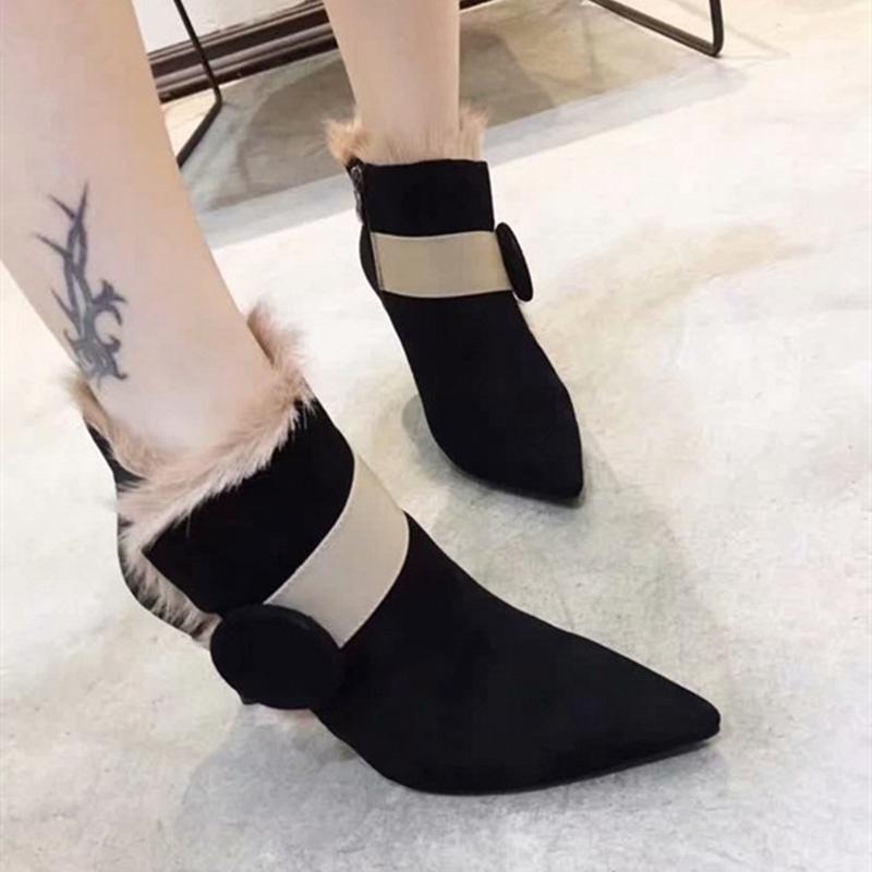 

Winter Comfortable Pointed toe Ankle Button Thin Heel Boots Fashionable prom Women Shoes, As pic