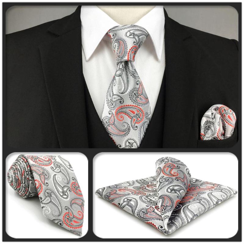 

F4 Silver Paisley Men Necktie Set Party Wedding XL Ties for male Fashion Silk Hanky Classic