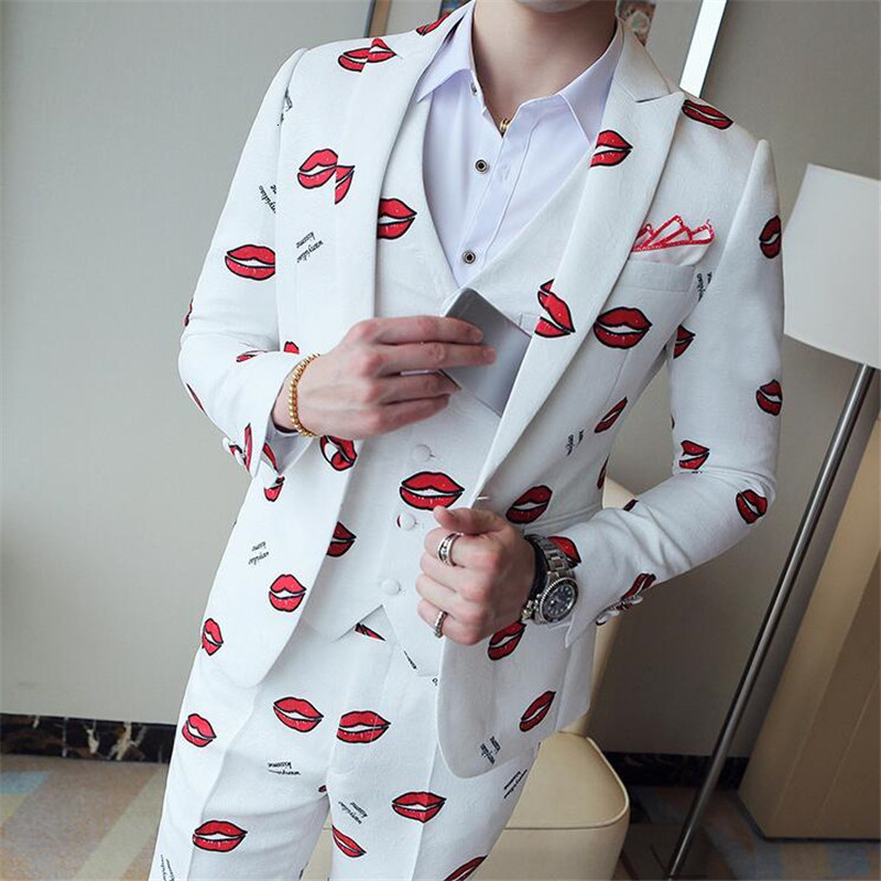 

2021 New Luxury Floral Print Fashion Designer Wedding Casual Tuxedo Men's Suit Stage Singer Performance Clothing 24mu, 4-3-piece set