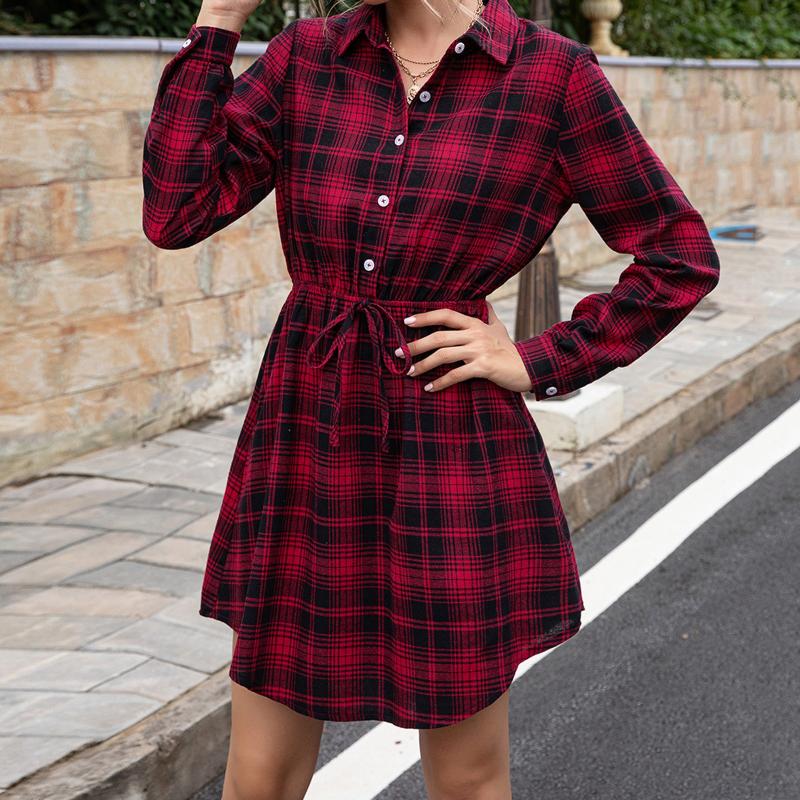 

Women's Dresses Mid-length Corset Slim Plaid Dress Top Autumn Winter Vintage Party Shirt Button Dresses Womens Clothing, Gold