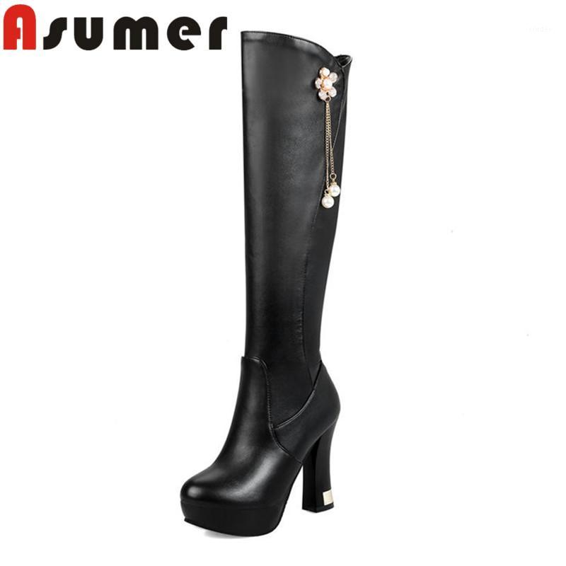 

ASUMER 2020 HOT SALE popular flower high heels boots high quality pu adult winter boots round toe sexy over the knee1, Black