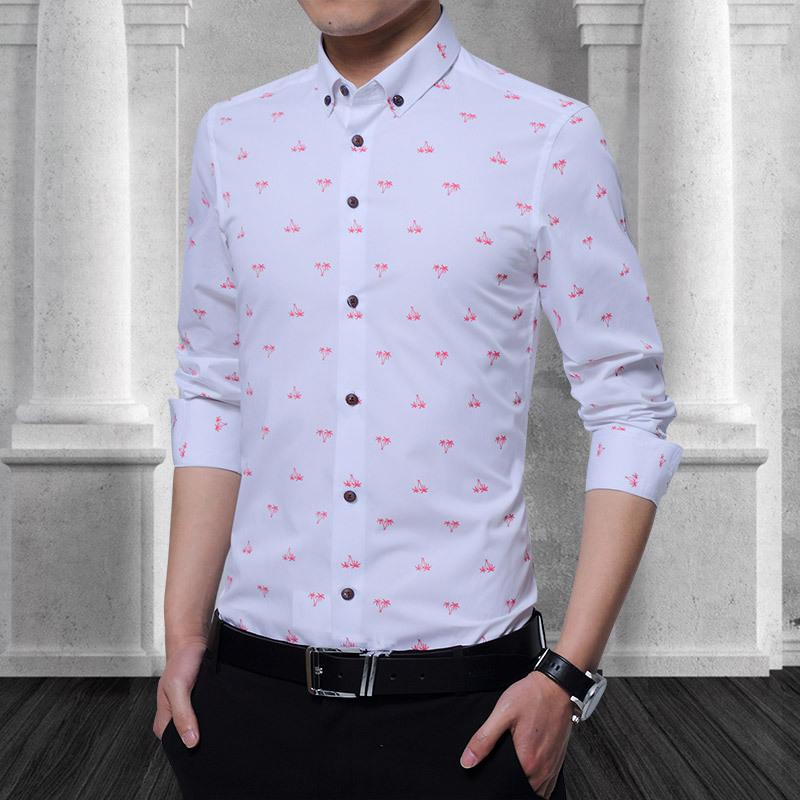 

2021 New Man Shirts Men's Boutique Anti-wrinkle Small Leaves Printed Long-sleeved Shirt Men's Lapel Print Shirt, Black
