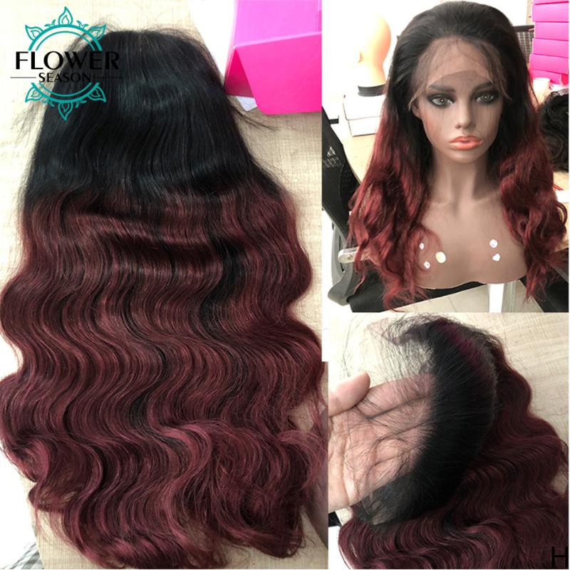 

Ombre Human Hair Wig 13x4 Lace Front Wigs Brazilian Body Wave Wigs 18inch Red Ombre Colored 130% FlowerSeason, Ombre color