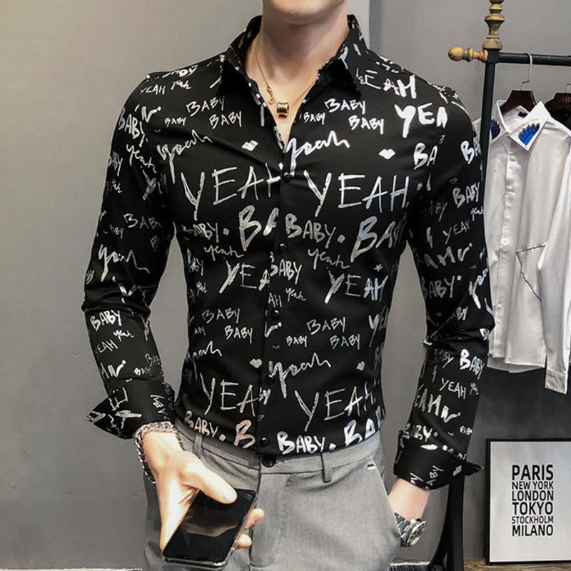 

Men's Dress Shirts Fashion Letter Bronzing Slim Shirt Nightclub Outfit Camisa Social Masculina Streetwear Men Casual British Style 2021 Blac, Black
