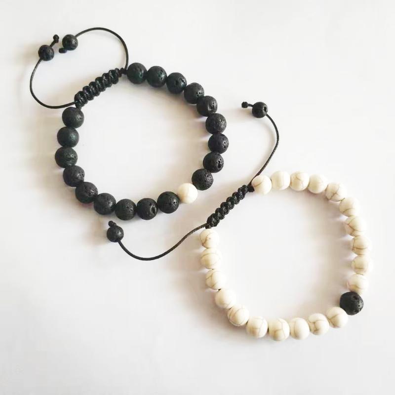 

2Pcs/Set Adjustable Couples Distance Bracelet Classic Natural Stone White and Black Yin Yang Beaded Bracelets for Men Women