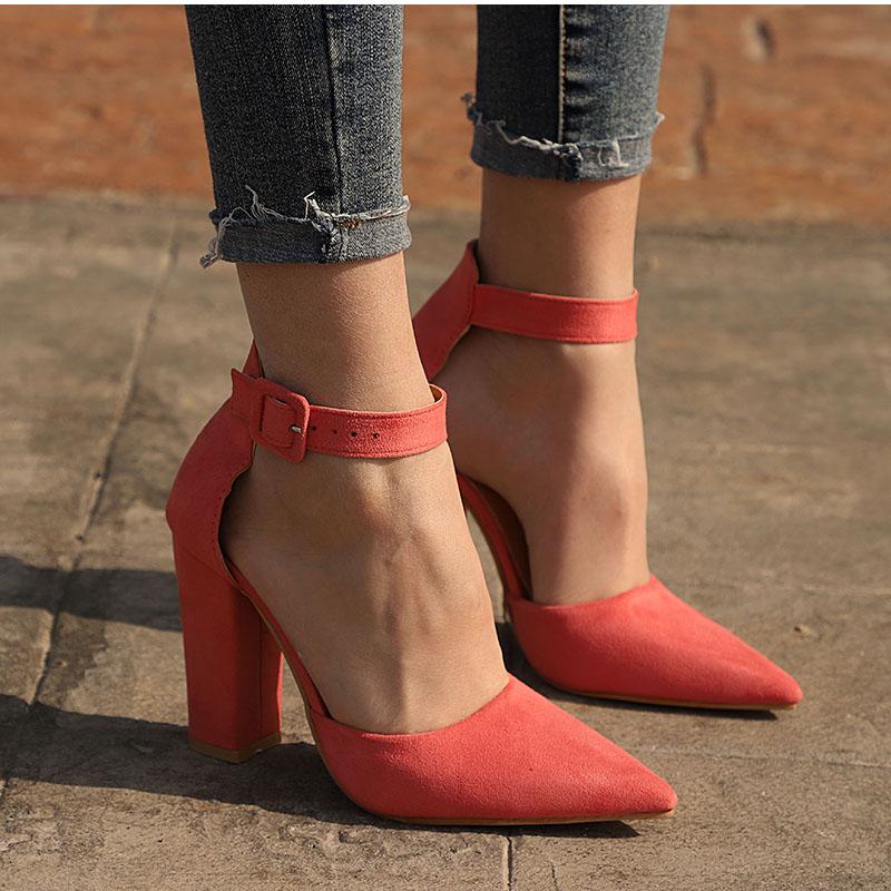 

Flock Plus Size Ladies Party Wedding Shoes Elegant Spring Shoes Dropshipping Woman High Heels Fashion Buckle Strap Female Pumps, Wine red