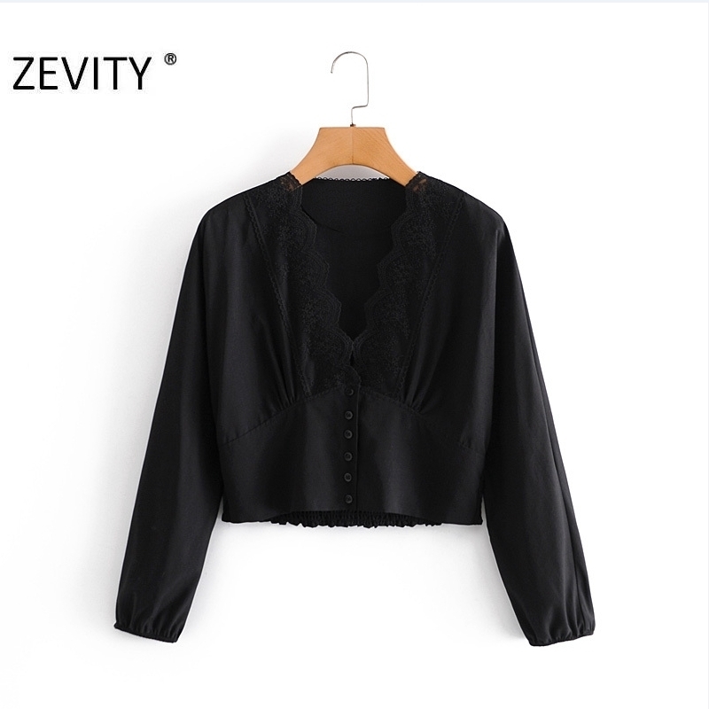 

Zevity New Women Sexy V Neck Lace Patchwork Casual Smock Shirts Ladies Long Sleeve Black Blouses Roupas Femininas Tops LS7275 201201, As pic ls7275ly