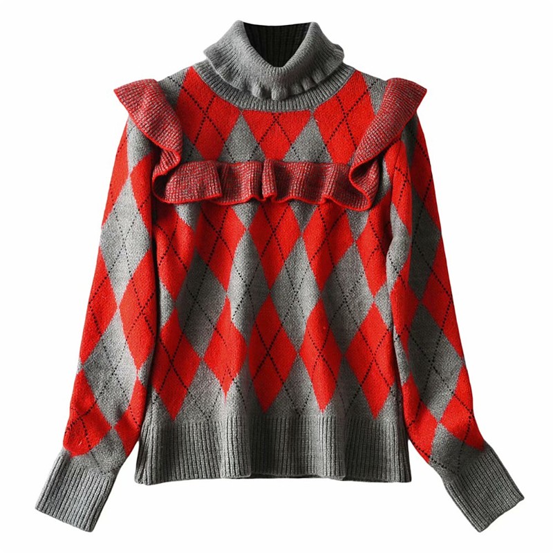 

2021 New Vintage Xadrez Camisola Moda Senhoras Babados Gola Alta Pulver Streetwear Feminino De Malha Blusas Menina Chique Ri2x, Red