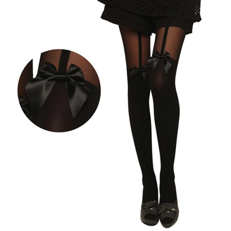 

Black and White Long Tube Bow Decoration Sexy Sling Stockings For Women