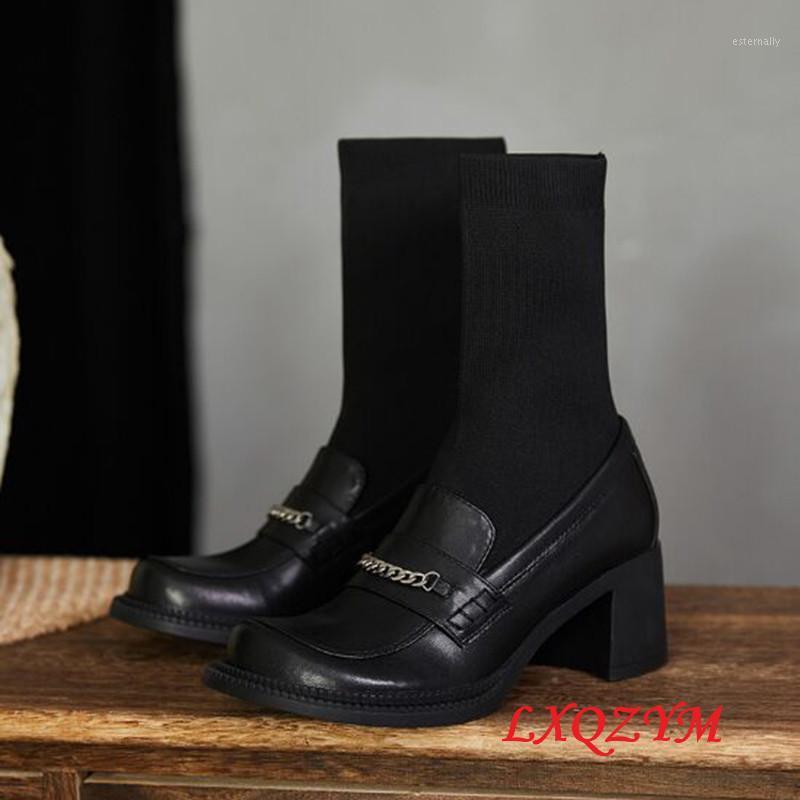 

Women's high-heeled real cowhide sheepskin boots knitted wool chain decoration designer latest style square toe1, As show