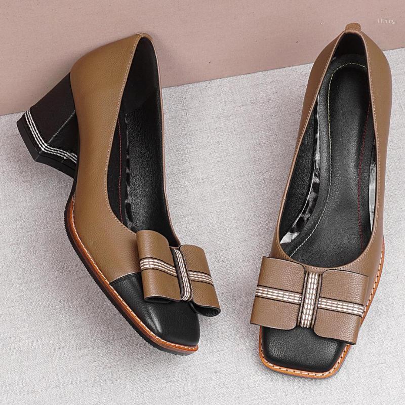 

Women's genuine leather thick high heel square toe pumps bowtie ladies soft comfortable dress female footwear style shoes hot1, Black