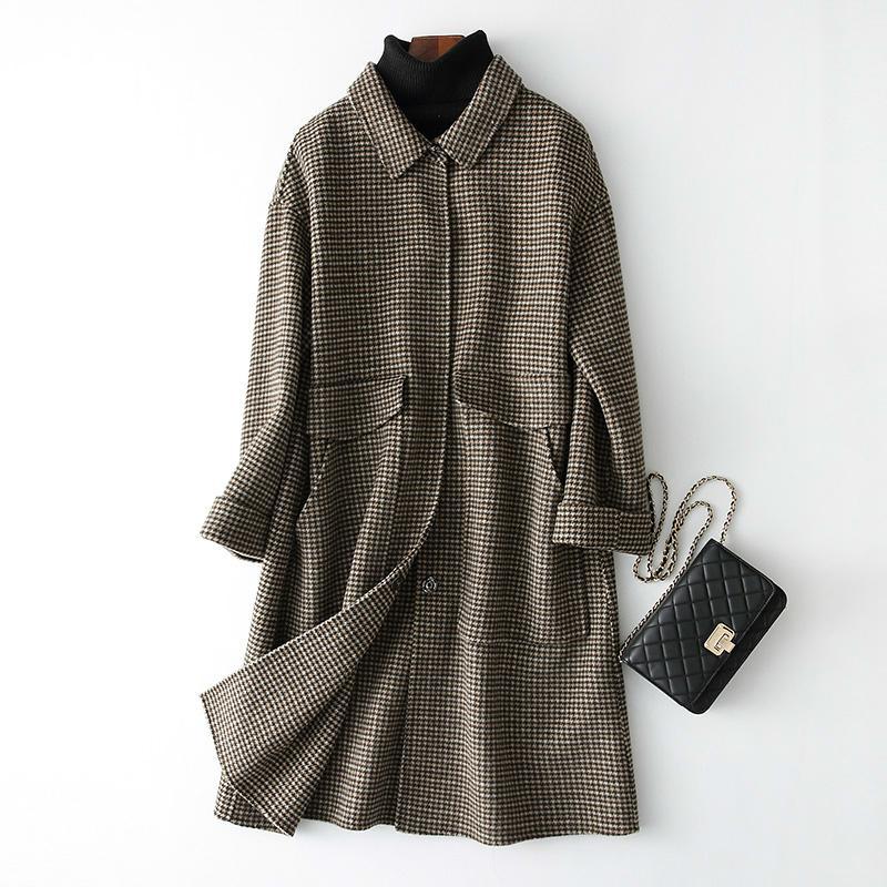 

Fashion Casacos Double-faced Wool Coat Female Long Houndstooth Winter Jacket Women Officewear Women' Coats 38064 YQ14481, Brown