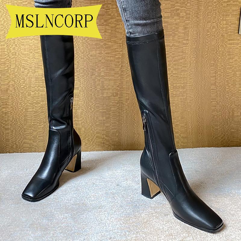 

Plus Size 34-41 Women Motorcyle Boots Fashion Square Toe Knee High Boots Autumn Winter Warm Pu Leather High Heels Shoes, Beige