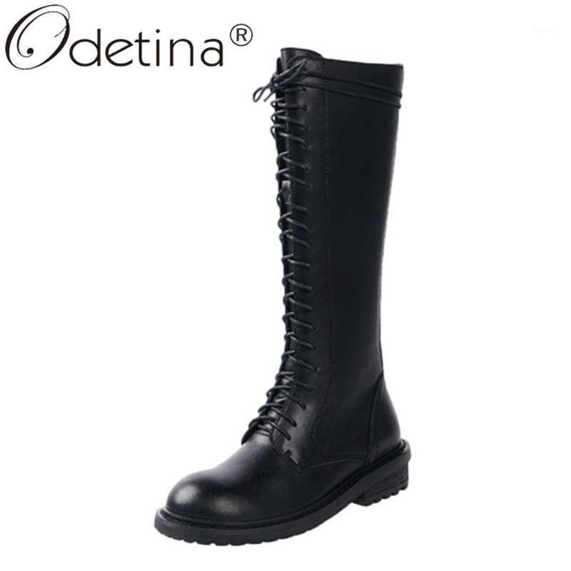 

Odetina Women Fashion Cross-tied Round Toe Zip Up Knee High Boots Ladies Block Mid Heel Cow Leather Side Zipper Motorcycle boots1, Black