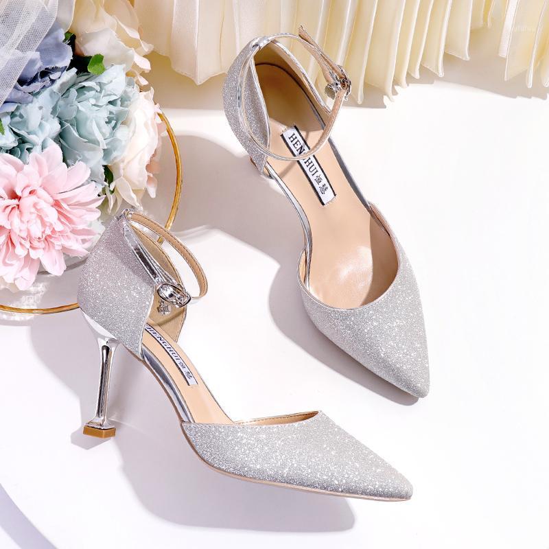 

Wed2020 Women's Decent One-button Crystal Mid-heel Thin Heel Wedding Banquet Hollow Sequined Pointed Shoes1, Sterling silver 3cm