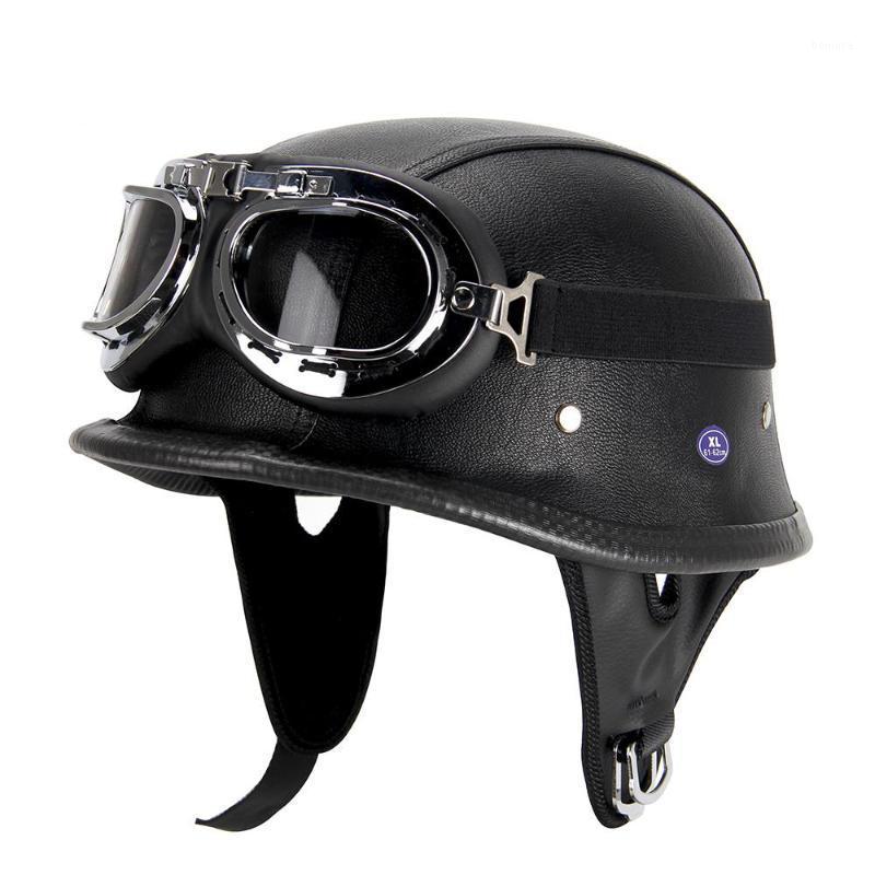 

New Leather Motorcycle Helmet German Motorcycle Open Face Half Helmet Chopper Biker Pilot DOT BLACK1, Black