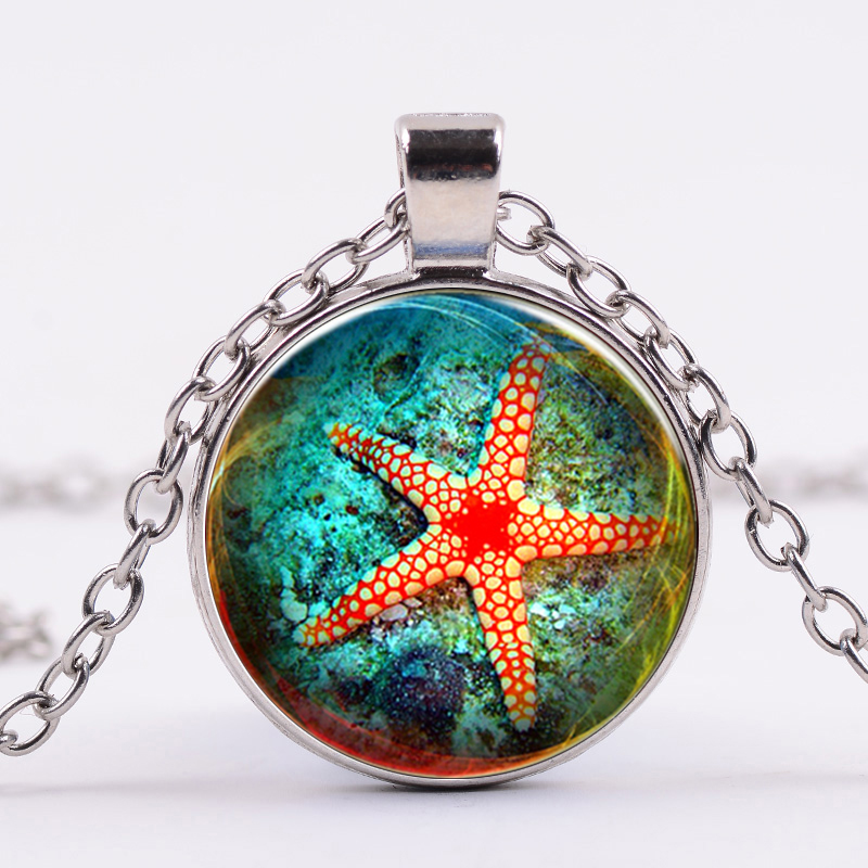 

Starfish Shell Fish Ocean Necklace Summer Beach Style Cute Sea Star Glass Silver Plated Statement Necklace for Women Kids