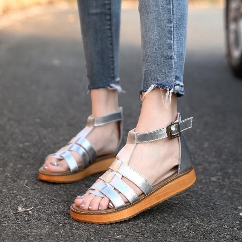 

2021 New Flat Thick Bottom Open Toe Women's Shoes xl 42 43 44 45 Black, Silver Roman Sandals Female N2wd