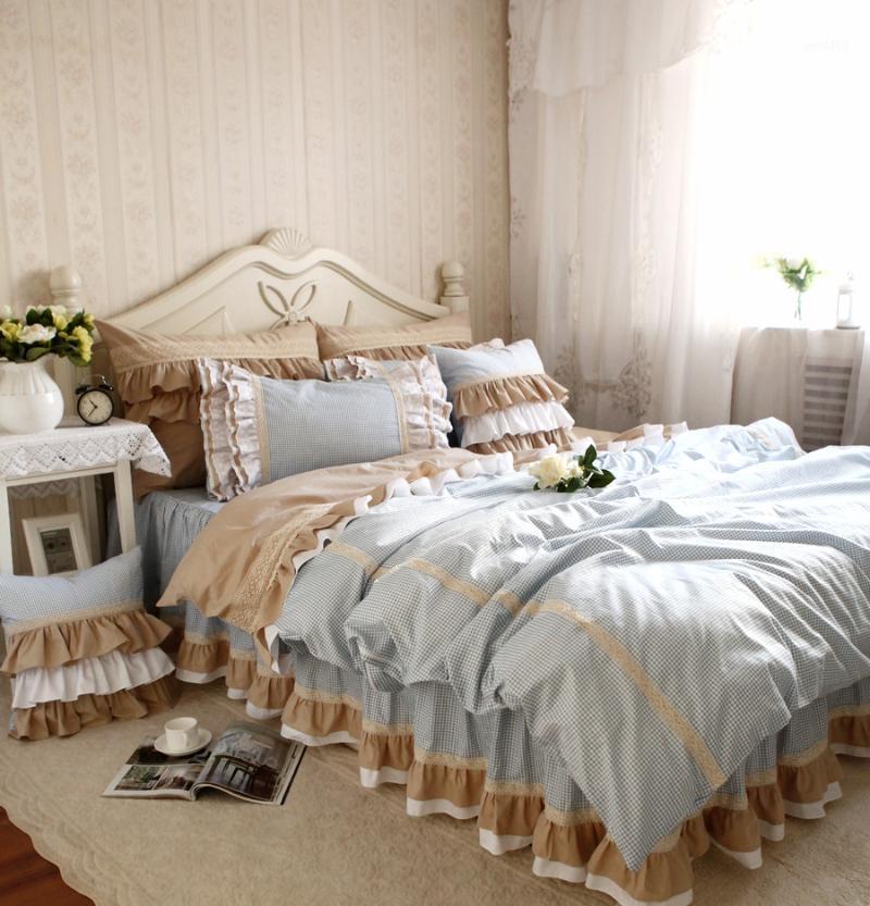 

New Classic Blue Lace Bedding Set Flounces Lattice Block Process Princess Bedding Ruffle Duvet Cover Bedskirt Bed Sheet Sets1, As pic