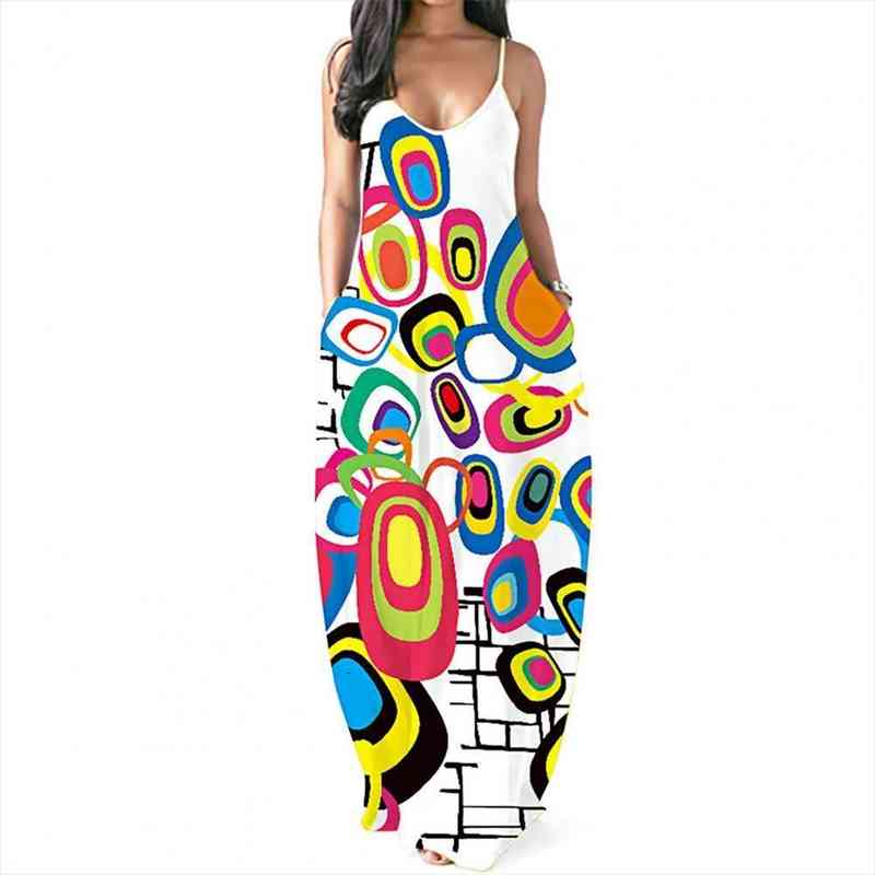 

women spaghetti strap printing v-neck pockets loose maxi dress sundress backless for beach travel, Black;gray