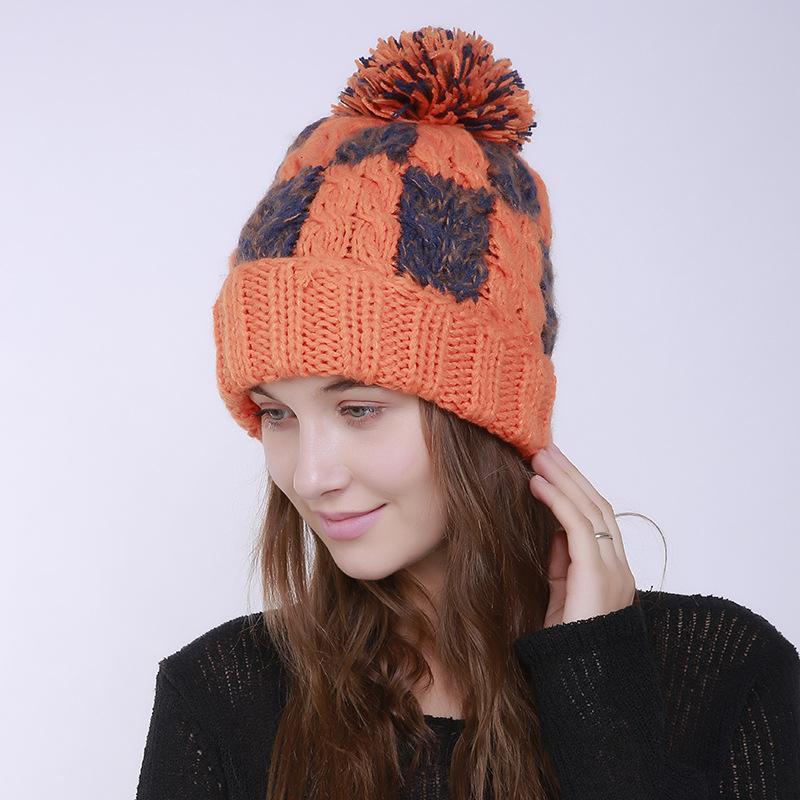 

New Arrive Autumn Winter Women Hand-woven Matching Color Plaid Twist Design Rough Big Wool Ball Knitted Thicken Warm Beanie Hat, Red