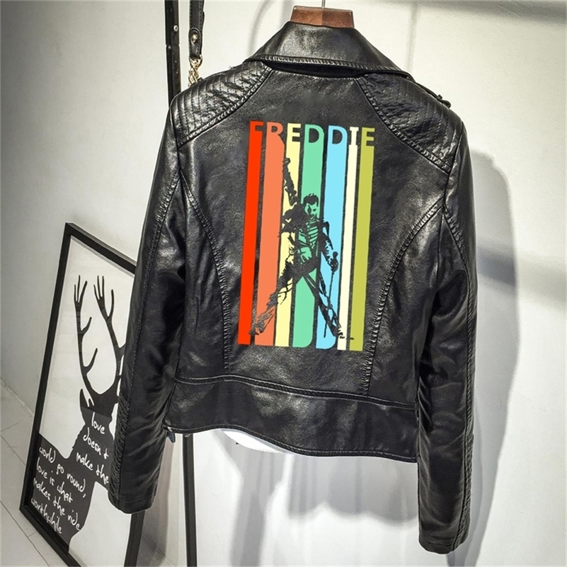 

Freddie Print PU Leather Jackets Women Queen Freddie Mercury Leather Coat 201026, Black;brown