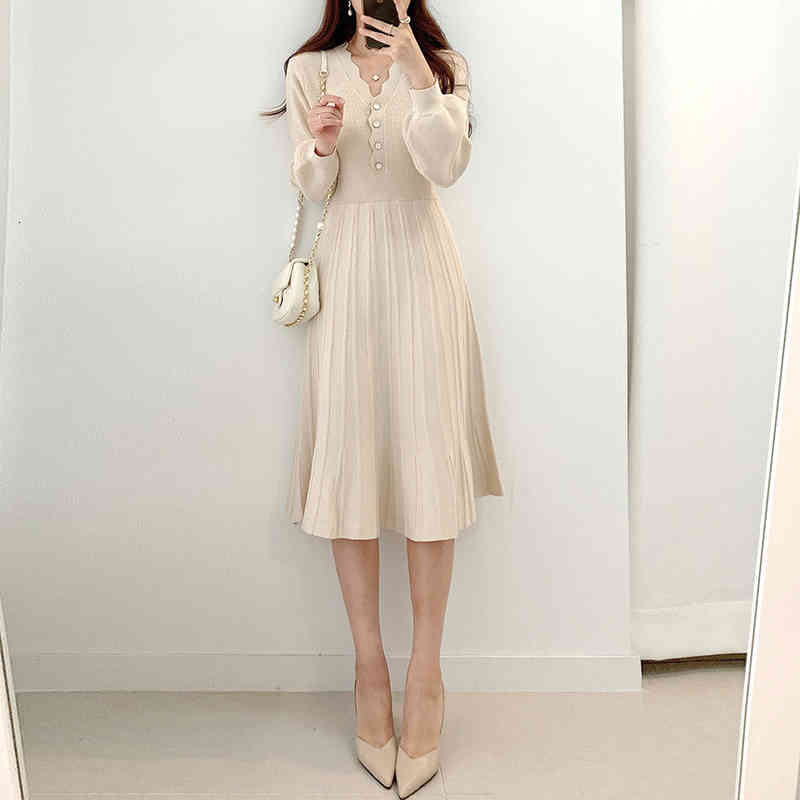 

Chic Gentle Knitting Dress Woman Spring Ins Elegant Single-breast V-neck Lace Waist Mid-length Pleated Dress, Black;gray