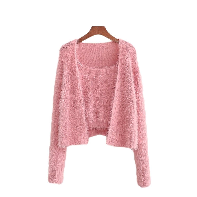

2021 New Soft Female Candy Jumpers Fashion Pink Ladies Knit Elegant Feminine Tops Chic Girls Solid Two Suit Parts 366L