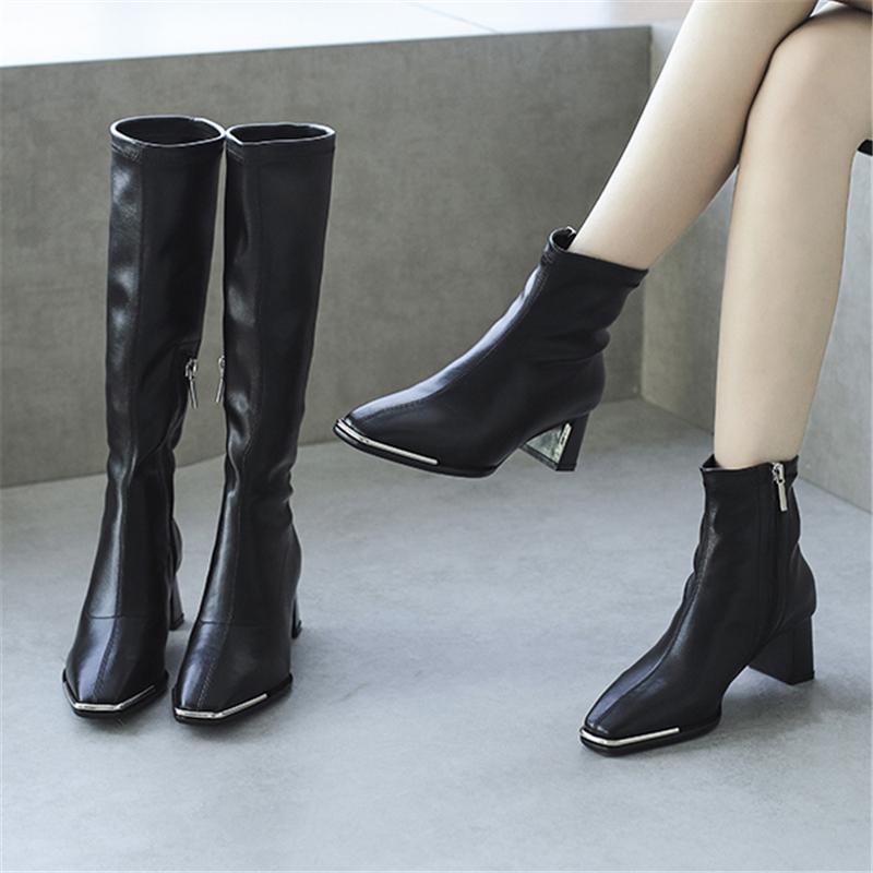 

2020 Winter Luxury Women Designer Knee High Boots Black Block High Heels Yarn Elastic Pleaser Long Thigh Boots Party Shoes, Black long boots